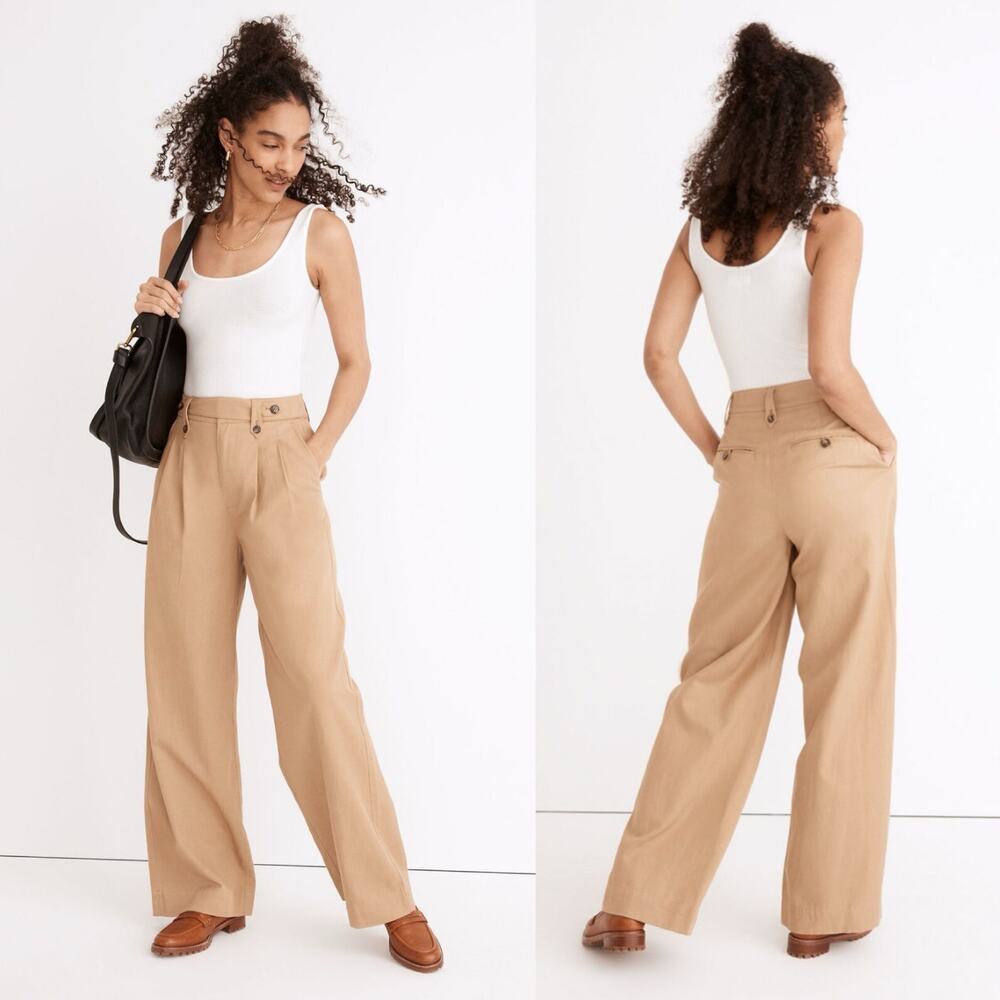 Madewell Harlow Wide-Leg Trousers Pants Cotton Linen Low Rise Seed Khaki Beige 2